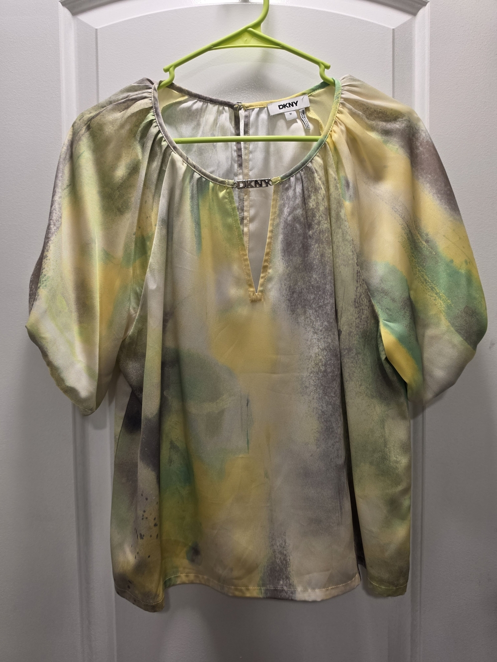 DKNY Yellow Green Watercolor Keyhole Blouse